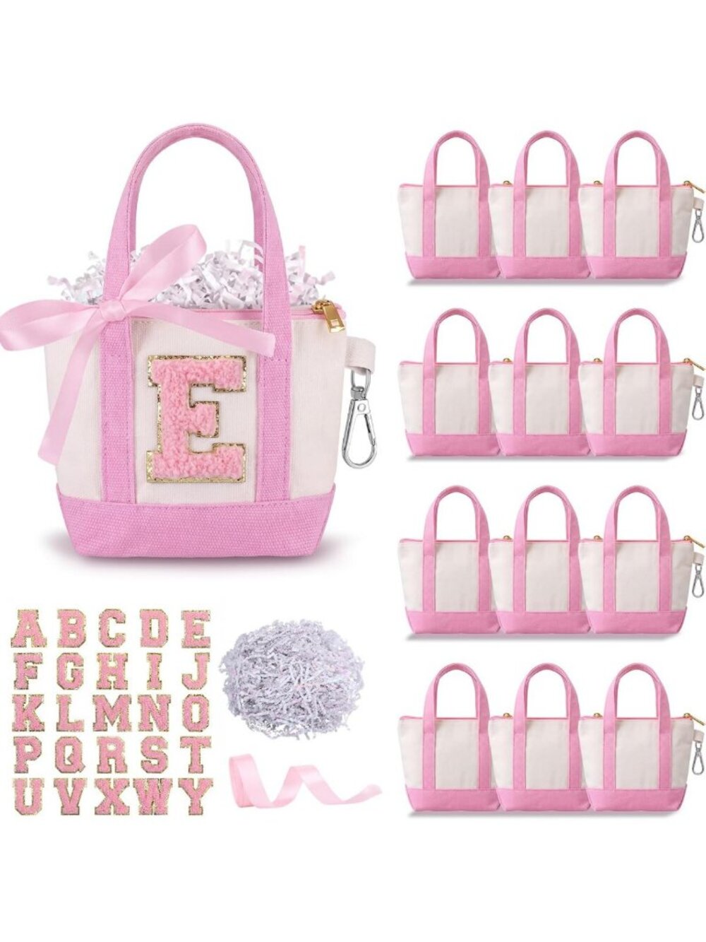 12 Mini Canvas Tote Bags Set with Alphabet Stickers - Perfect for DIY Projects!